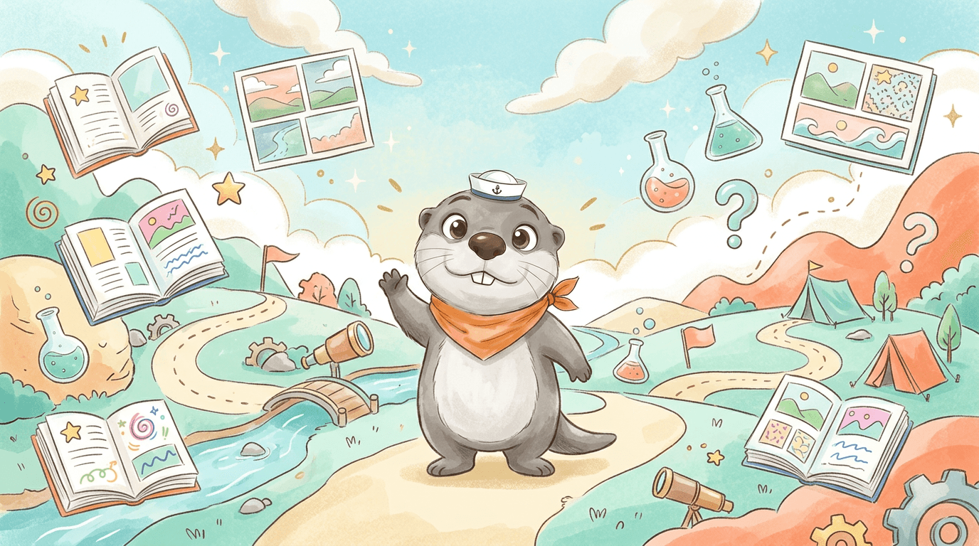 阿獺探險學習樂園彩色背景插圖