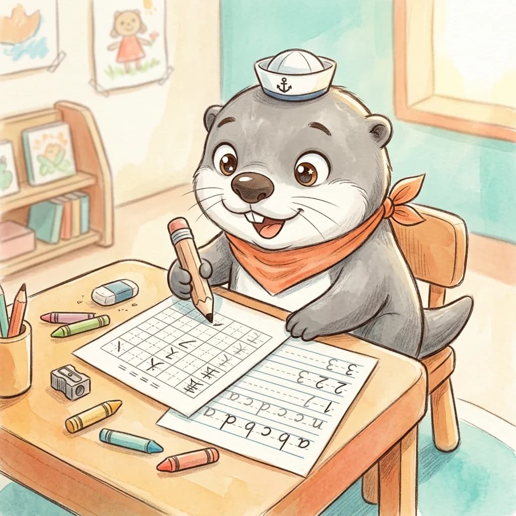阿獺在田字格練習紙上開心習字